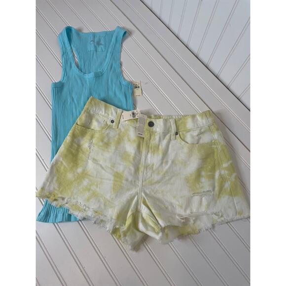 NWT Aerie Distressed Tie-Dye Denim Shorts & Ribbed Scoop Neck Tank Bundle Size M - Picture 1 of 8